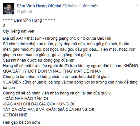 Ca sĩ Đàm Vĩnh Hưng kêu gọi mọi người ủng hộ đồng bào miền Trung