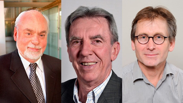 Chân dung ba nhà khoa học nhận giải Nobel Hóa học 2016 từ trái sang: Fraser Stoddart, Jean-Pierre Sauvage, Bernard L Feringa. Ảnh Internet