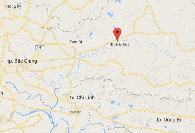 Thị trấn Chũ (chấm đỏ) cách TP Bắc Giang khoảng 45 km. Ảnh: Google Maps.
