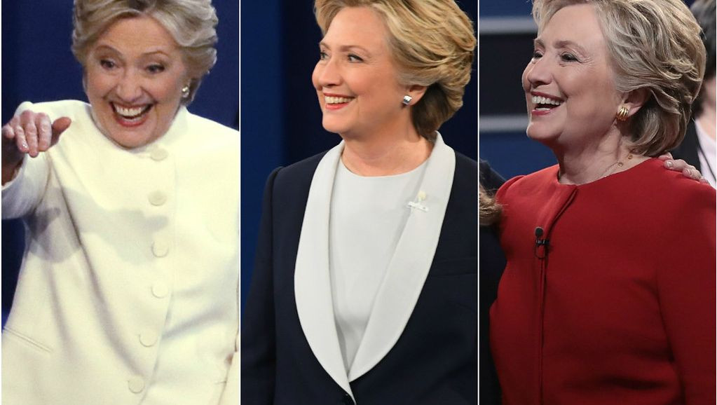 3 màu trang phục tại 3 phiên tranh luận của bà Hillary Clinton. Ảnh: USA Today.