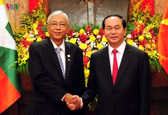 Chủ tịch nước Trần Đại Quang chào mừng Tổng thống Myanmar Htin Kyaw thăm chính thức Việt Nam.