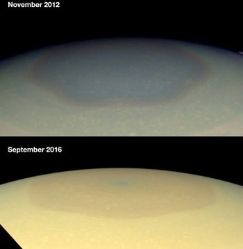 Đám mây hình lục giác trên sao Thổ chuyển từ màu xanh sang màu vàng khi đổi mùa. Ảnh: NASA.