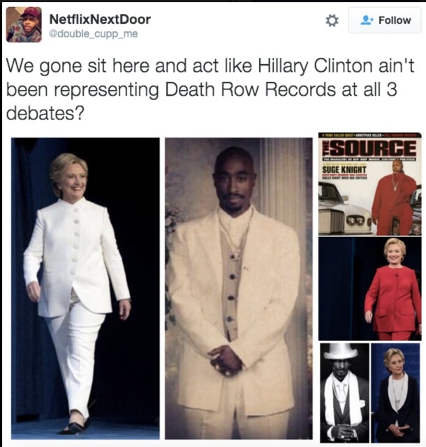 Ảnh ghép so sánh bà Clinton và các ca sỹ của hãng đĩa Death Row. Ảnh: Twitter.