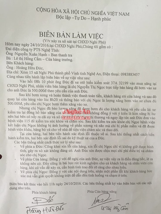 Biên bản được lập ngay sau khi vụ việc xảy ra