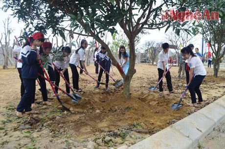 Học sinh Trường THCS Nghi Phú tham gia tết trồng cây.