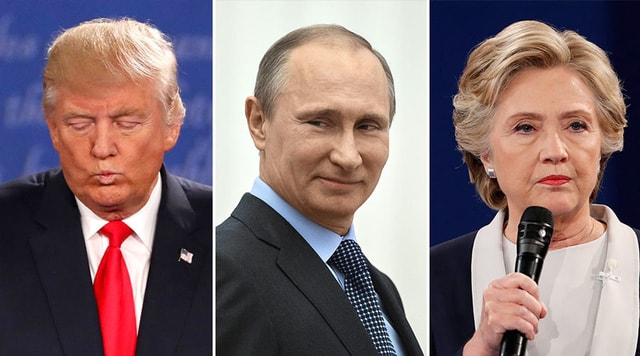 Tổng thống Nga Vladimir Puitn (giữa) và hai ứng viên tổng thống Mỹ Donald Trump và Hillary Clinton (Ảnh: Sputnik/Reuters)