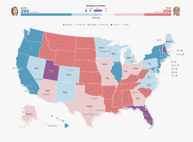 Bản đồ bầu cử dự kiến của bà Clinton và ông Trump. Ảnh Washingtonpost