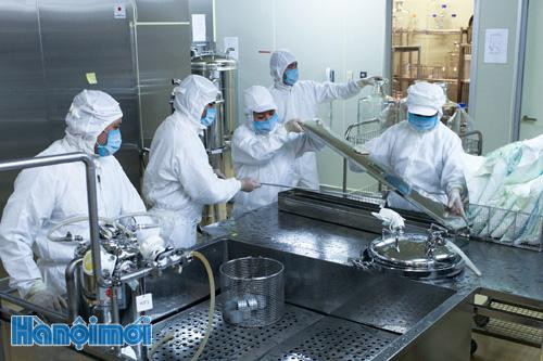Các cán bộ kỹ thuật đang làm việc trong dây chuyền sản xuất vắc xin Sởi-Rubella.