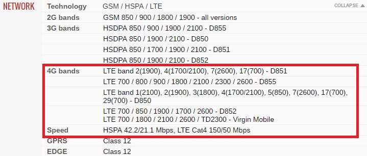 Đây là thông số của một máy hỗ trợ 4G được tra trên trang gsmarena