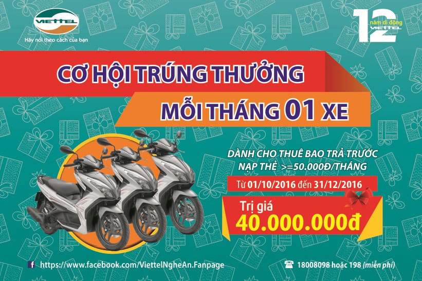 Cơ hội trúng 1 xe Airblade mỗi tháng khi nạp thẻ cào Viettel 
