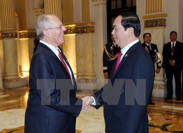 Chủ tịch nước Trần Đại Quang gặp Tổng thống Cộng hòa Peru Pedro Paplo Kuczynsky. (Ảnh: Nhan Sáng/TTXVN)