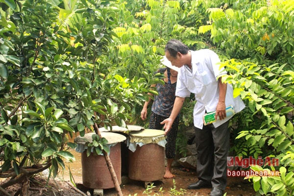 Hướng dẫn người dân đậy nắp kín các lon, vại để phòng chống muỗi đẻ trứng ở huyện Diễn Châu. 