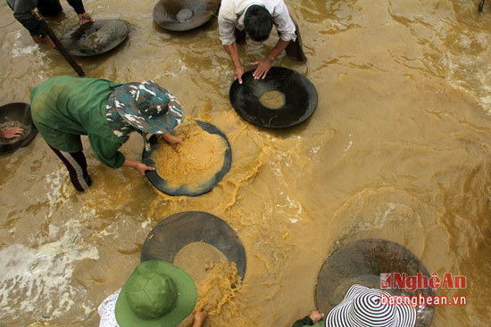 Sau khi mang đất xuống bờ sông, họ dùng những chiếc bạng để đãi và lựa lấy quặng thô.