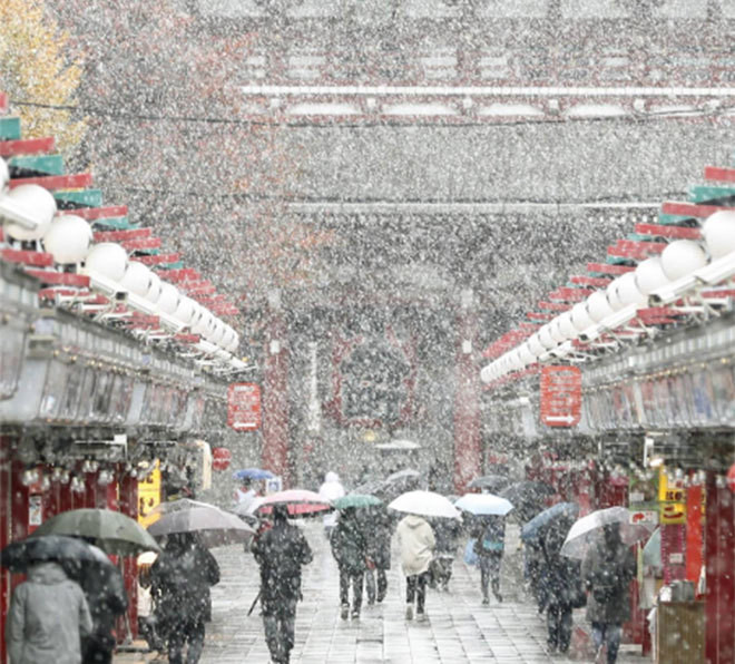 Theo BBC, đợt tuyết này do một khối khí lạnh bất thường tràn qua thành phố gây ra nhưng nhiệt độ vẫn duy trì trên 0 độ khiến tuyết tan chảy chứ không bị kết dính. Lần gần nhất Tokyo có tuyết vào tháng 11 là năm 1962. Ảnh: Kyodo 