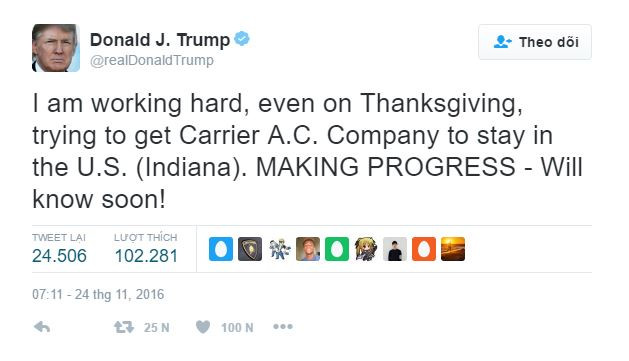 Donald Trump cho biết vẫn phải làm việc trong ngày lễ Tạ ơn trên mạng xã hội Twitter.