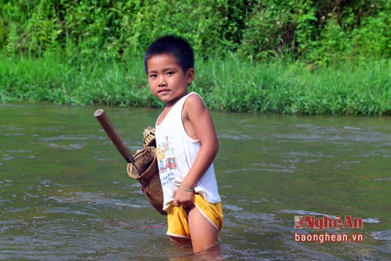 Tại khe Chà Lạp (xã Tam Hợp, Tương Dương) nhiều em tuổi còn rất nhỏ nhưng vẫn hăng hái ra suối.