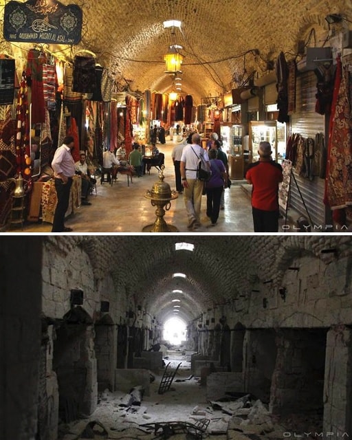 Khu chợ cổ al-Shounah ở Old City (Aleppo) trước và sau các cuộc xung đột. 