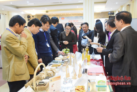 Các thành viên tham quan giam trưng bày sản phẩm nông nghiệp của các công ty, doanh nghiệp phía Nhật Bản và Nghệ An.