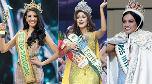 Các hoa hậu đăng quang trong những ngày cuối tháng 10. Từ trái qua: Hoa hậu Hòa bình Quốc tế, Hoa hậu Trái đất và Hoa hậu Quốc tế.