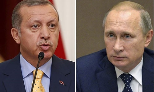 Tổng thống Thổ Nhĩ Kỳ Tayyip Erdogan (trái) và người đồng cấp Nga Vladimir Putin. Ảnh: Reuters.