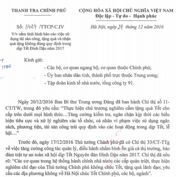 Văn bản chỉ đạo của Thanh tra Chính phủ.