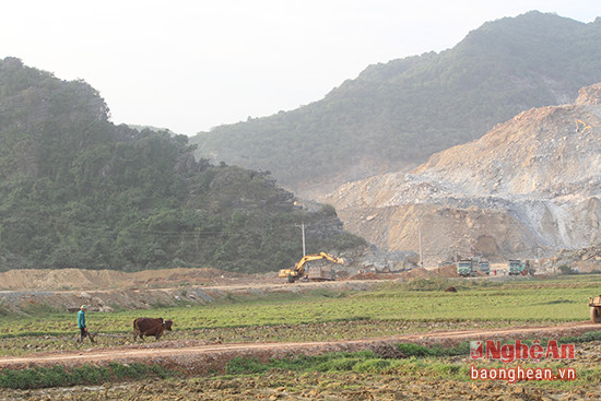 Người dân xã Bài Sơn (Đô Lương) quanh khu vực thi công bãi tập kết xe máy của mỏ đá hoạt động sản xuất bình thường.