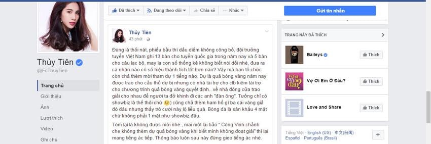 Ca sỹ Thủy Tiên bày tỏ sự bức xúc trên trang facebook