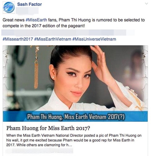 Trang Facebook chính thức của Sash Factor bất ngờ đăng tải một bài viết ủng hộ Phạm Hương đi thi Hoa hậu Trái đất 2017.