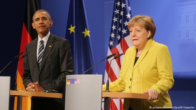 Tổng thống sắp mãn nhiệm Barack Obama và Thủ tướng Đức Angela Merkel có buổi họp báo chung tại Hanover (Đức) tháng 4/2016. Ảnh: DPA