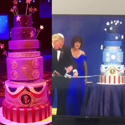 Bên trái là chiếc bánh kem do đầu bếp Duff Goldman làm cho lễ nhậm chức của ông Obama năm 2013, bên phải là cái bánh y chang làm cho ông Trump nhưng không do ông Goldman thực hiện. Ảnh: Twitter/Duff Goldman