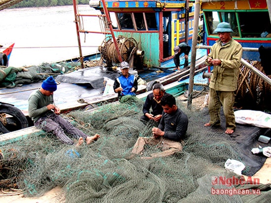 các ngư dân Diễn Kim, Diễn Châu cũng khâu vá lại những tấm lưới đã cũ, tân trang tàu thuyền để chuẩn bị cho chuyến ra khơi đầu năm