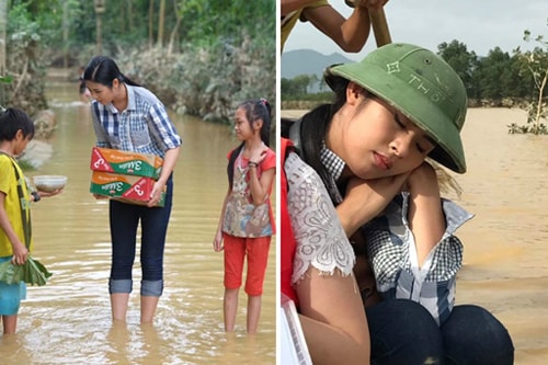 Hoa hậu Ngọc Hân bì bõm lội nước tay xách nách mang trao quà cho dân nghèo chịu lũ. Hình ảnh người đẹp đội mũ cói, thiếp đi trong lúc chờ sang sông vì mệt mỏi được dân mạng khen ngợi nức nở.