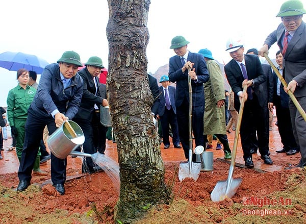 Đồng chí Nguyễn Đắc Vinh cùng lãnh đạo tỉnh và các ngành trồng hàng chục cây trong khu vực Trạm nghiền xi măng và Cảng biển Nghi Thiết. 