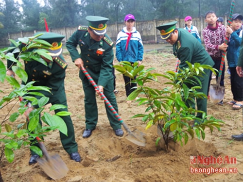 CBCS BĐBP Nghệ An cùng các thầy cô, học sinh địa phương trồng cây xanh tại Hải đội 2, BĐBP Nghệ An. Ảnh Hùng Phong