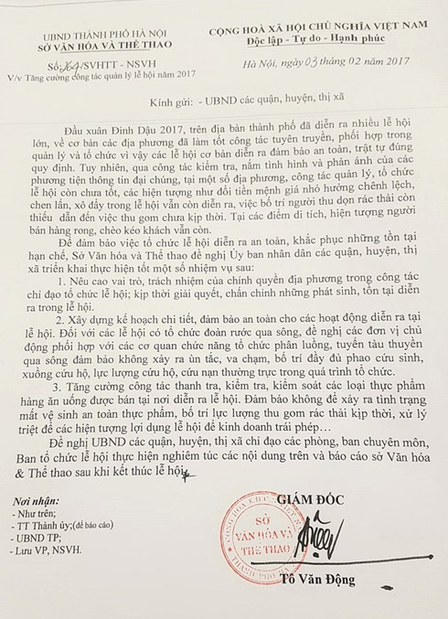 Công văn Sở VH&TT Hà Nội gửi Ban tổ chức lễ hội, Ban quản lý Chùa Hương và các di tích có tổ chức lễ hội đầu Xuân Đinh Dậu 2017 trên địa bàn TP Hà Nội