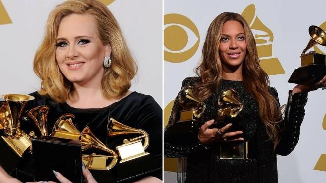 Adele (trái) và Beyonce hứa hẹn sẽ là 2 cái tên được bình luận nhiều nhất khi lễ trao giải Grammy 2017 diễn ra