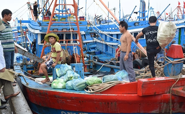 Ngư dân của các tàu đánh bắt xa bờ đang chuẩn bị lương thực, thực phẩm để ra khơi mùa biển mới 2017 tại Khu neo đậu Cửa Gianh.Ảnh Bao quảng Bình.