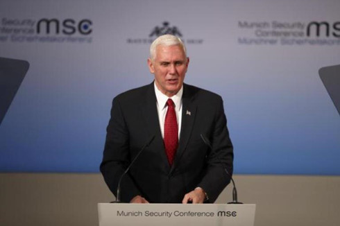 Phó Tổng thống Mỹ Mike Pence phát biểu tại Hội nghị An ninh Munich ngày 18/2. Ảnh: Reuters.