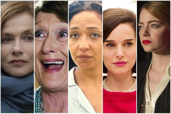 Hạng mục “Nữ diễn viên chính xuất sắc nhất”, từ trái sang: Isabelle Huppert, Meryl Streep, Ruth Negga, Natalie Portman và Emma Stone
