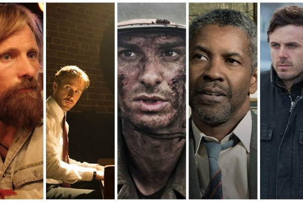 Hạng mục “Nam diễn viên chính xuất sắc nhất”, từ trái sang: Viggo Mortensen, Ryan Gosling, Andrew Garfield, Denzel Washington và Casey Affleck