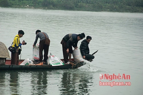  Phóng sinh giữa lòng sông. Ảnh: Huy Thư.