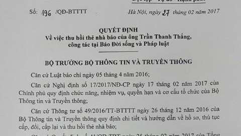 Bộ trưởng TT&TT đã ký quyết định thu hồi thẻ nhà báo đối với ông Trần Thanh Thắng