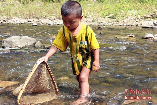 Một đứa trẻ người Khơ Mú dù còn rất nhỏ nhưng đã ra suối xúc cá.