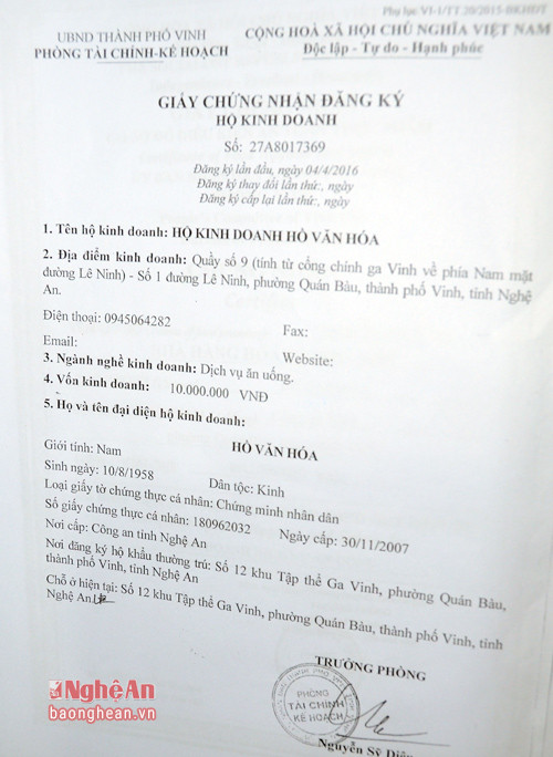 Giấy chứng nhận đăng ký hộ kinh doanh Hồ Văn Hóa do Phòng Tài chính – Kế hoạch, UBND thành phố Vinh mang số 27A8017369 cấp lần đầu ngày 04/04/2016