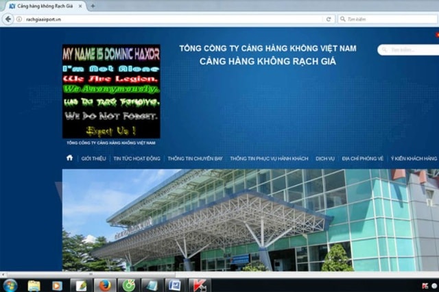 Giao diện website sân bay Rạch Giá, tỉnh Kiên Giang khi bị tấn công.
