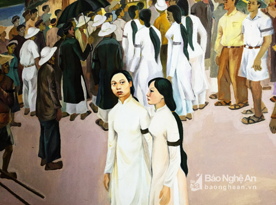 Bức tranh tái hiện lại cảnh Nguyễn Thị Minh Khai (trái) và đồng chí của mình tham gia tuyên truyền cách mạng tại chùa Diệc (TP.Vinh)