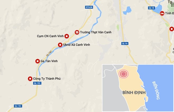 Xã Canh Vinh, huyện Vân Canh(Bình Định), nơi xảy ra vụ tai nạn. Ảnh: Google Maps.