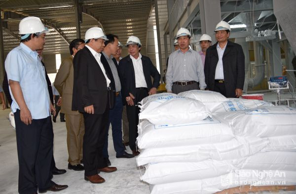 Chủ tịch UBND tỉnh Nguyễn Xuân Đường thăm sản phẩm bột đá trắng siêu mịn tại cơ sở chế biến của Công ty CP KS&TM Trung Hải – Nghệ An. Ảnh: Ngô Kiên