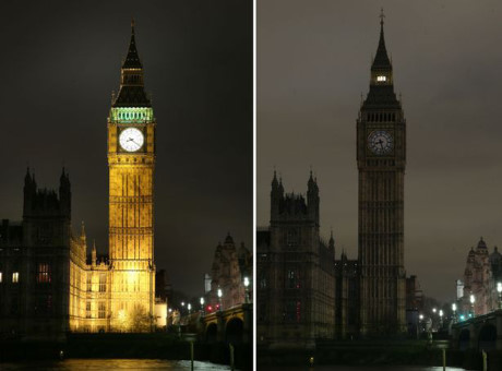Tòa nhà Quốc hội và tháp Elizabeth (Big Ben) ở London tắt đèn trong vòng 1 tiếng đồng hồ.
