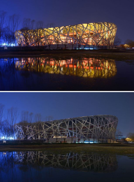 Lights out: Sân vận động Tổ chim (Trung quốc) khi có đèn (ảnh trên) và khi tắt đèn (ảnh dưới) trong Giờ Trái Đất ở Bắc Kinh. (Nguồn: AFP/Getty Images)